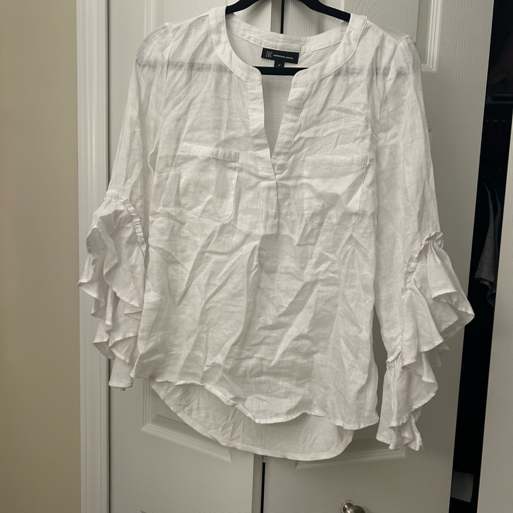 INC International Concepts White Ruffled Bell Sleeve Blouse